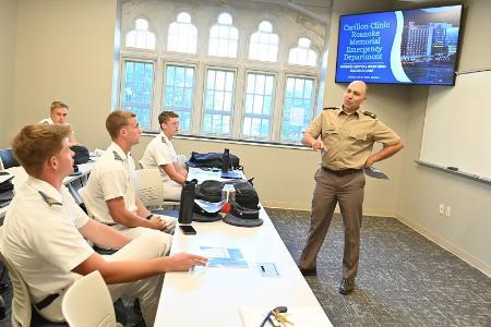 Col. Barry Cobb speaks to cadets in his classroom at VMI.