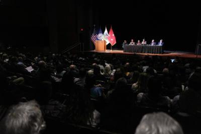 Tanya Denckla Cobb moderates the discussion panel as Joe Grist, Nikki Rovner, Ryan Brown, Mike Rolband, and Terry Lasher share thoughts regarding their respective government agencies with the audience in Gillis Theater.