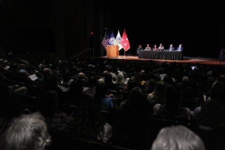 Tanya Denckla Cobb moderates the discussion panel as Joe Grist, Nikki Rovner, Ryan Brown, Mike Rolband, and Terry Lasher share thoughts regarding their respective government agencies with the audience in Gillis Theater.