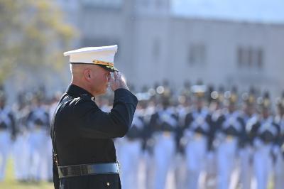 Lt. Gen. David Furness ’87 takes review of his first parade as superintendent Sept. 19.