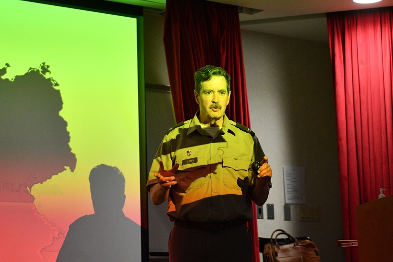 Col. Donald Sunnen discusses the history of the VMI German program. –VMI Photo by Jake Falcone ’27.