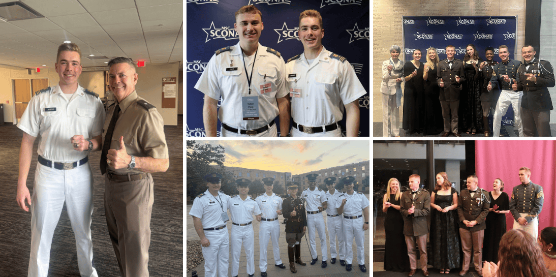 A collage of photos of Cadet Lawrence with fellow conference participants, leadership, and his essay-winning team.