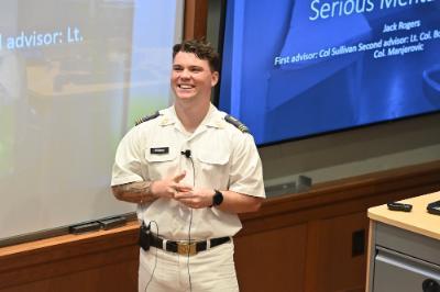 Jack Rogers ’26 presents his Rogers’ senior thesis, “Is Solitary Confinement Cruel and Unusual Punishment?”  April 3 in Scott Shipp Hall as part of VMI Honors Week.