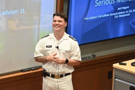 Jack Rogers ’26 presents his Rogers’ senior thesis, “Is Solitary Confinement Cruel and Unusual Punishment?”  April 3 in Scott Shipp Hall as part of VMI Honors Week.