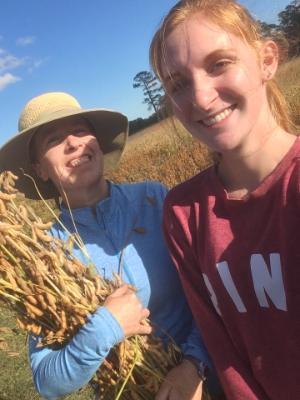 Col. Anne Alerding and Kristen Hoffman collect soybean plant samples from one of the field farms.