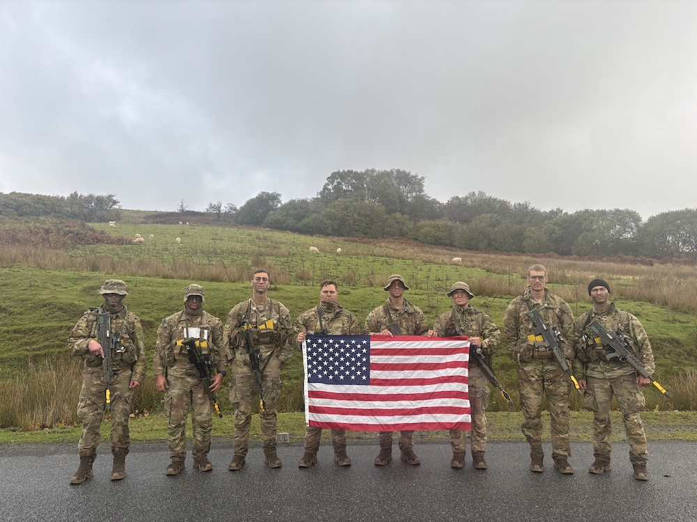 Members of the VMI Army ROTC Ranger Challenge team display their patriotism at Exercise Cambrian Patrol in the Brecon Beacons, a mountain range in Wales