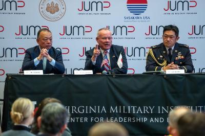 Expert panelists Dr. Satohiro Akimoto, Lt. Gen. Larry Nicholson, and Col. Satoshi Masaka lead discussion during the JUMP event Feb. 3.