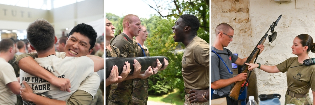 Corps of Cadets leaders share celebratory and instructional moments with Rats - freshmen at VMI - during training and triumphs.