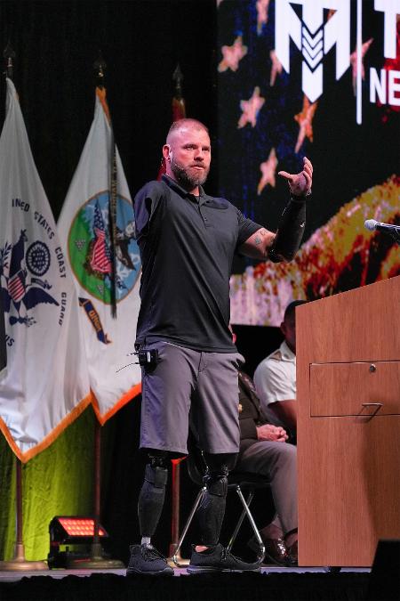 Retired U.S. Army Staff Sgt. Travis Mills speaks in Cameron Hall Oct. 28. –VMI Photo by H. Lockwood McLaughlin.