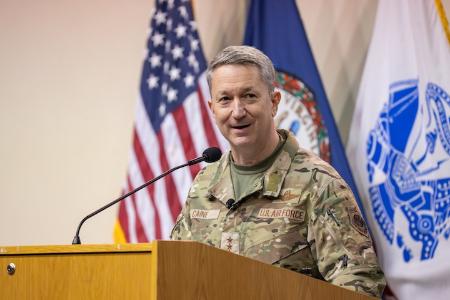 Gen. Dan Caine ’90 speaks about George C. Marshall’s leadership in Cameron Hall Feb. 23.