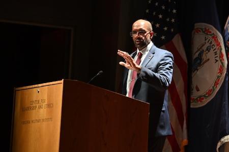 Retired Gen. Gary Brito speaks to the George C. Marshall award recipients in Gillis Theater Feb. 23.