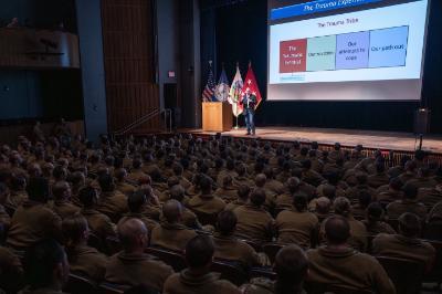 Retired U.S. Marine Corps Maj. Michael “Mac” McNamara shares his message with cadets in Gillis Theater.