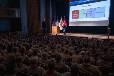 Retired U.S. Marine Corps Maj. Michael “Mac” McNamara shares his message with cadets in Gillis Theater.