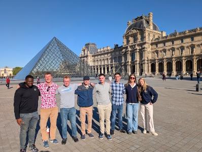 Cadets gather before going into the Louvre Museum.