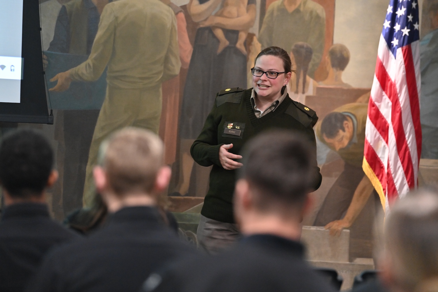Maj. Alison Burke advises Institute Honors cadets on the Pre-Professional Program for those aspiring to go into a health profession.