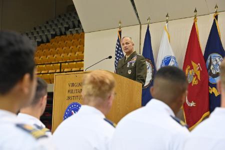 Lt. Gen. David Furness ’87 addresses the audience at the VA250 Constitution Day event Sept. 17 in Cameron Hall.