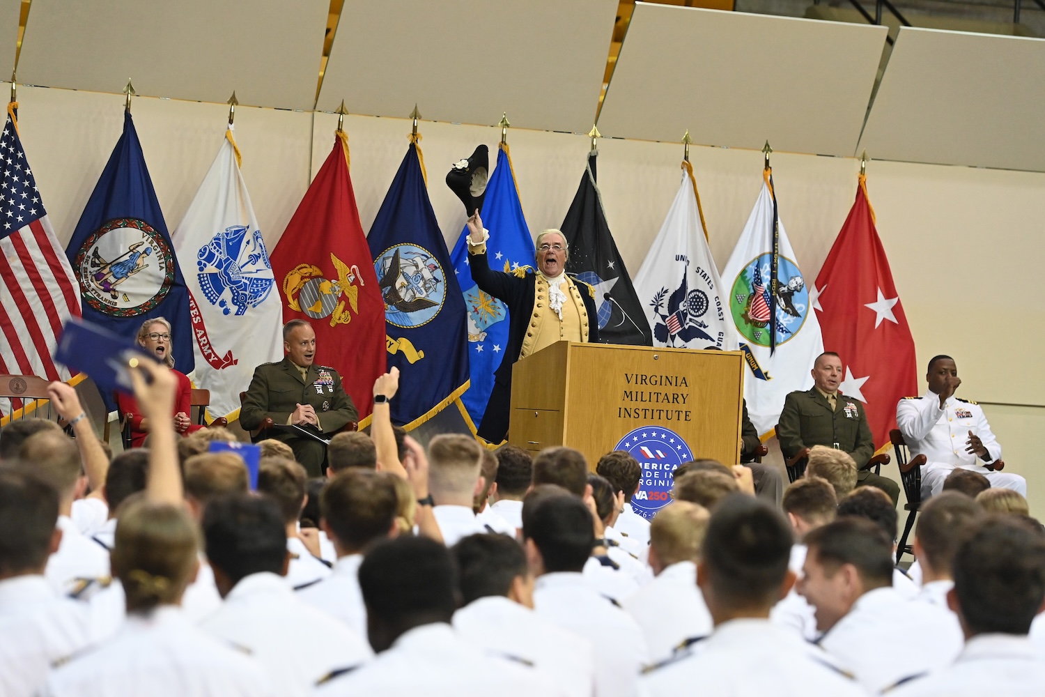 Gen. George Washington, portrayed by Ron Carnegie, concludes the VA250 Constitution Day event by leading the cadets in three cheers.