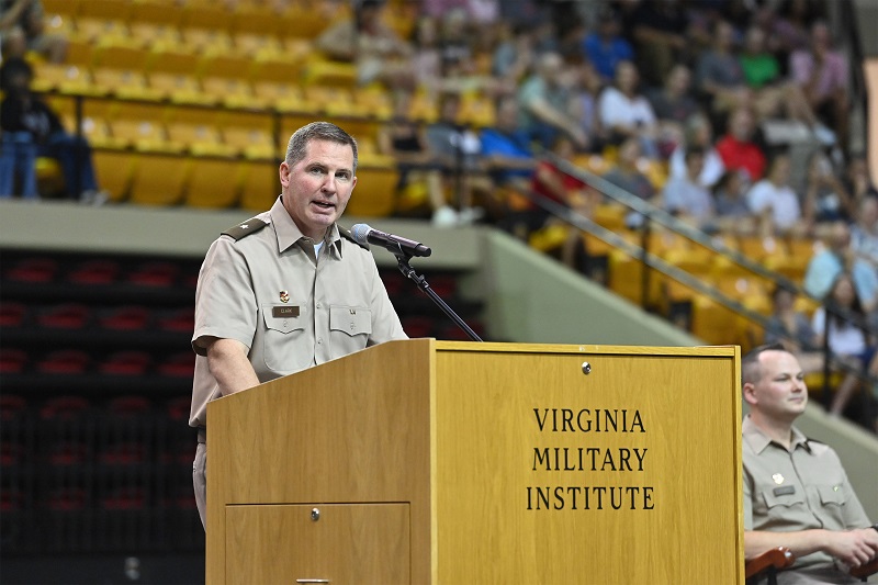 Acting Superintendent Brig. Gen. Dallas Clark, VMI Class of 1999, address the crown in Cameron Hall.