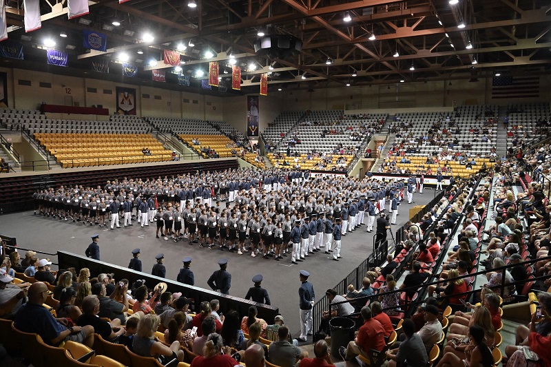 VMI's newest freshmen - now called rats - assemble in Cameron Hall to follow their cadet command to barracks.