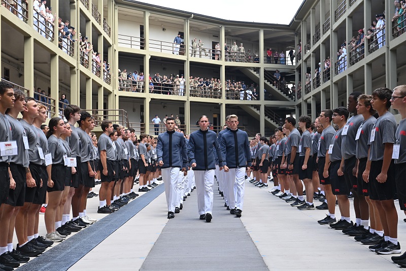 Cadre - VMI's elite Corps leadership - march into Barracks to begin the training of the new recruits.