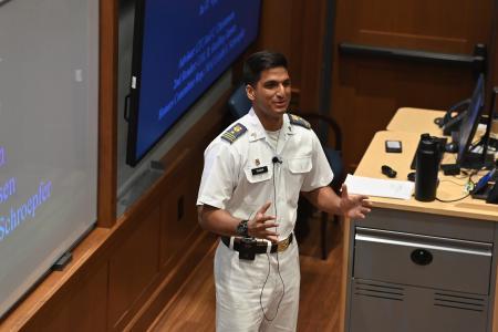 Jai Vijayan ’26 discusses failures and successes of military logistics during his honors project presentation.