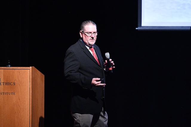 Master Sgt. Christopher C. Spence discusses his time in Afghanistan following the 9/11 terrorist attacks in Gillis Theater Sept. 10.
