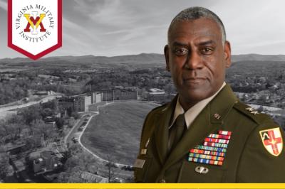 Maj. Gen. Cedric T. Wins '85, VMI superintendent, with VMI logo over photo of Post.