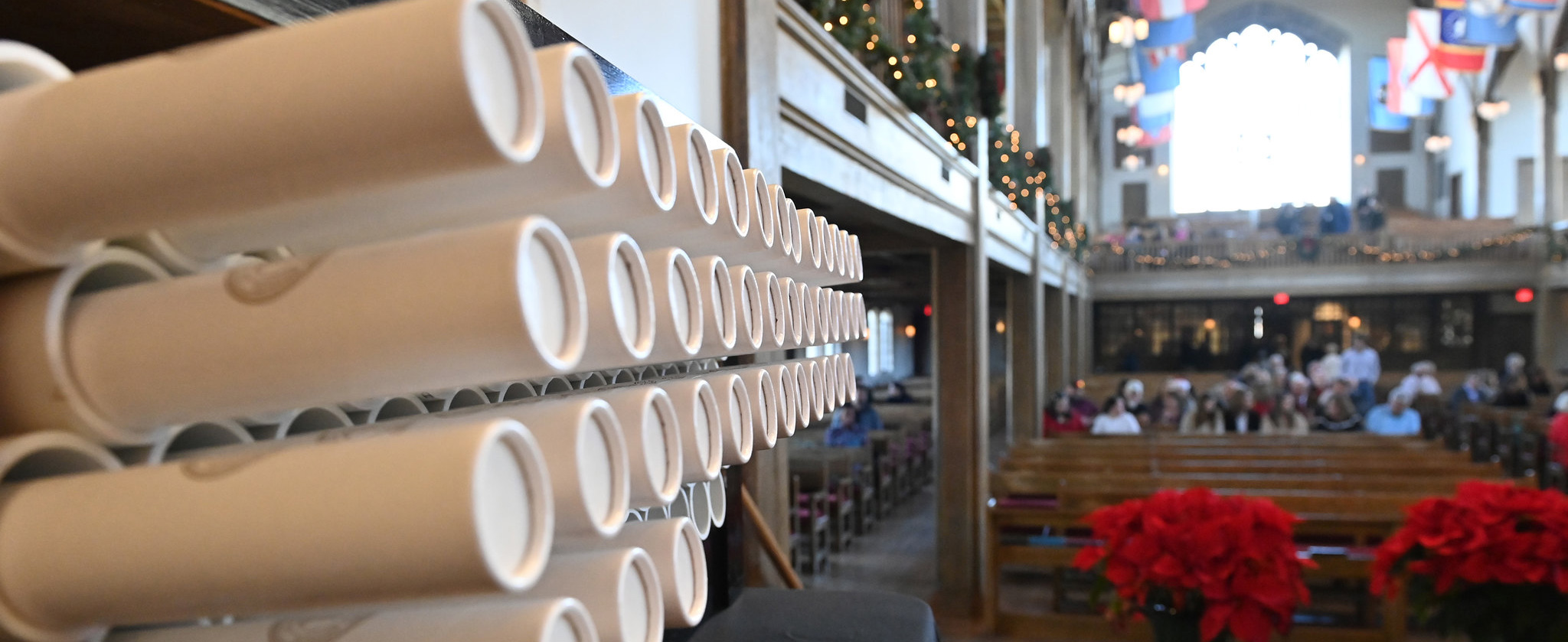 Diplomas await graduates in Memorial Hall.