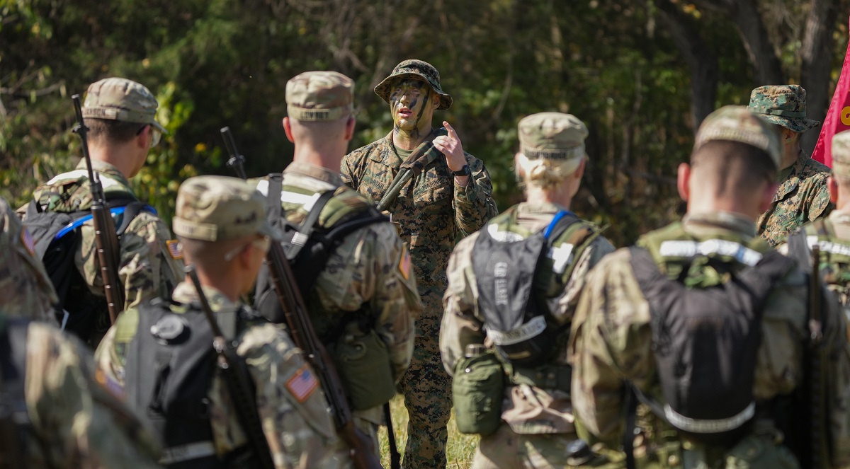 A Marine Corps instructor addresses commissioning cadets in the Marine-Option ROTC program at VMI.