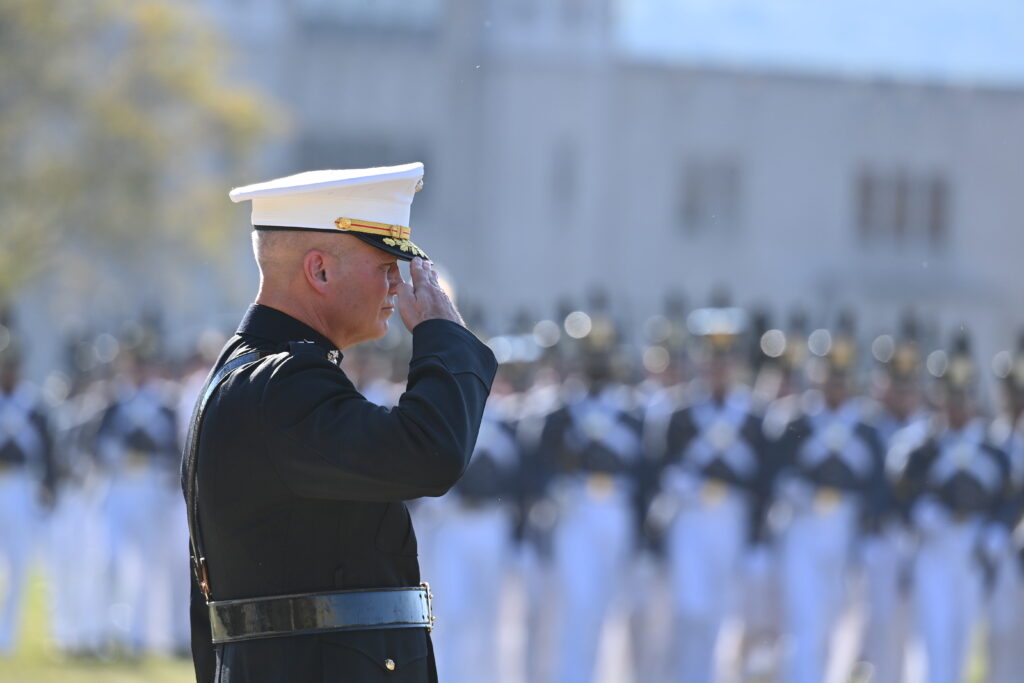 Lt. Gen. David Furness ’87 takes review of his first parade as superintendent Sept. 19.