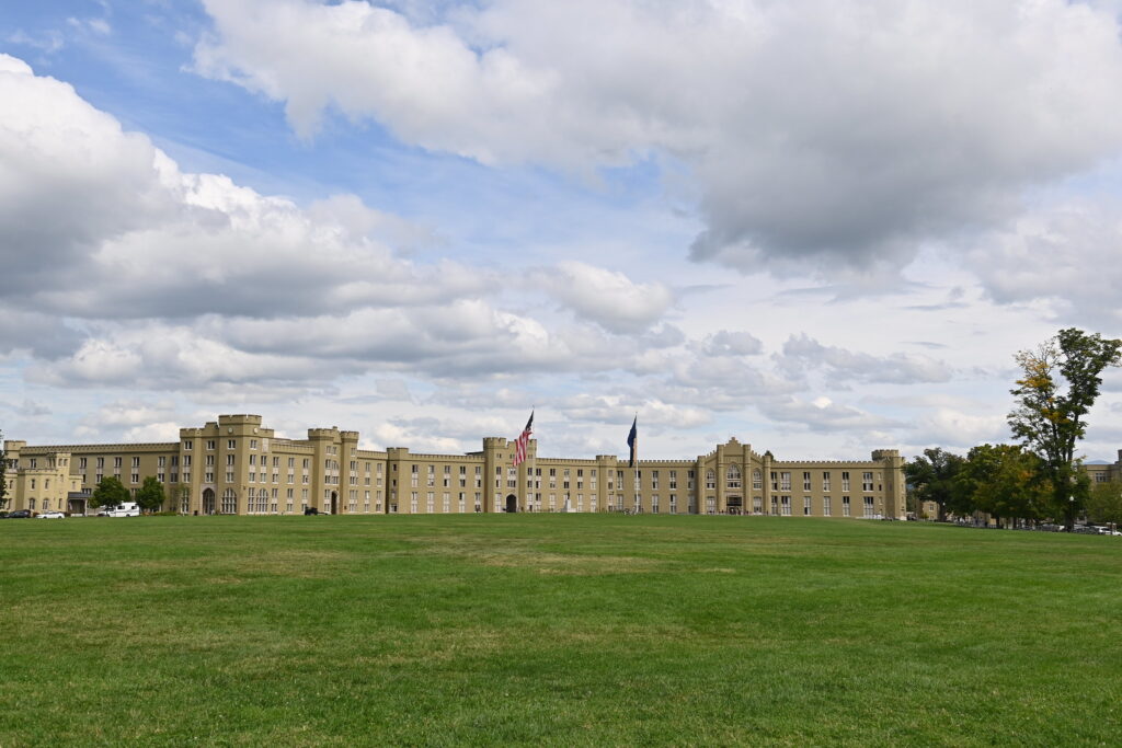 VMI barracks, during the day, from a view across the parade grounds.