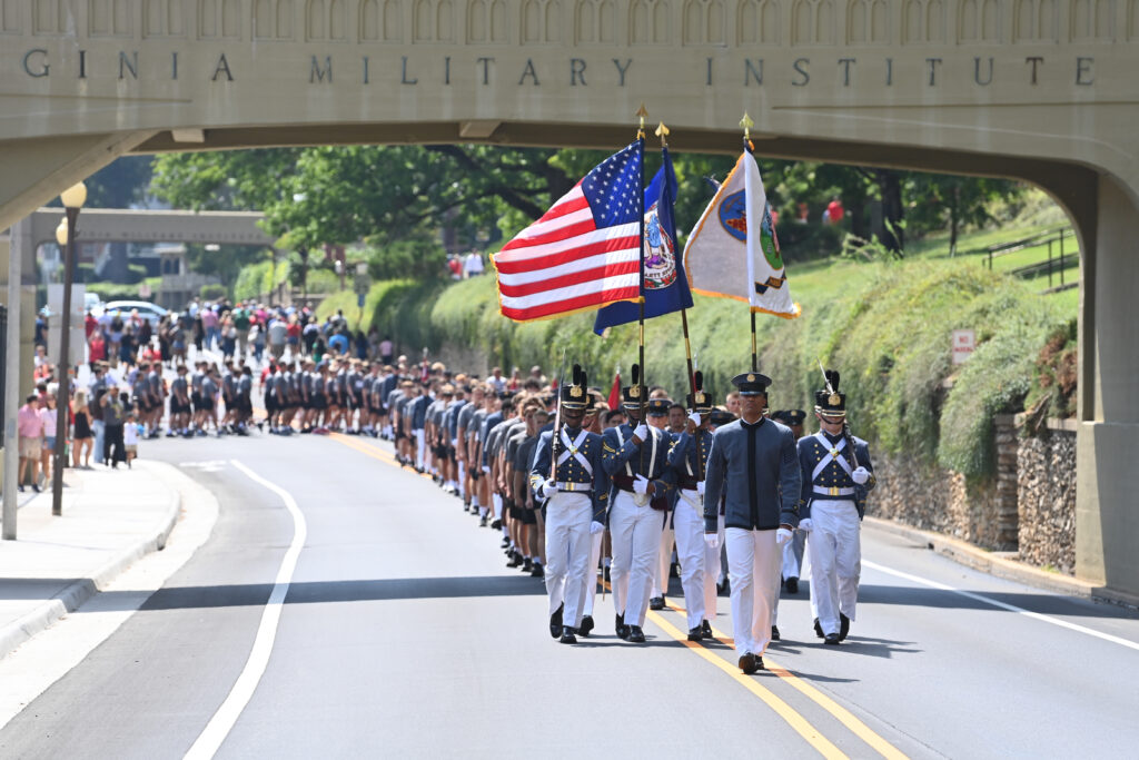 Cadet Devin Auzenne '26 marching in formation with other Cadets during the 2025 Matriculation ceremonies.
