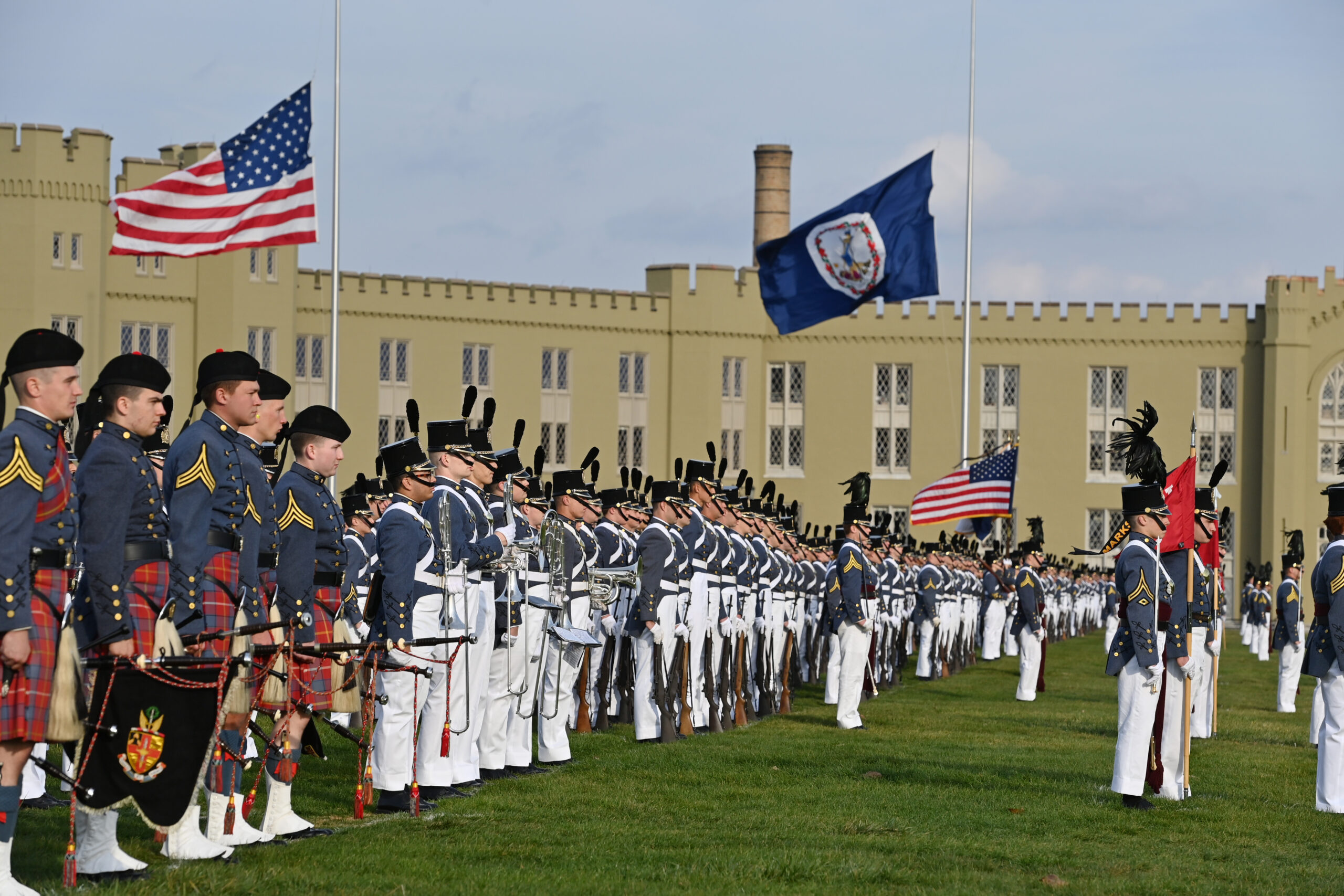 Cadets in parade dress and formation on the Parade Grounds.