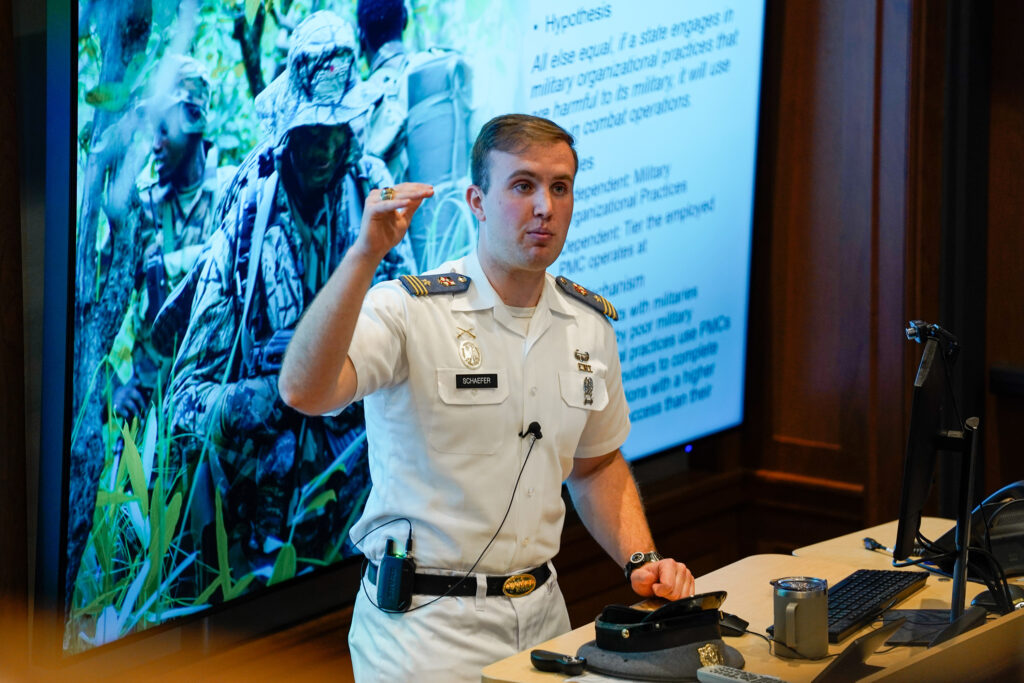 Nicholas Schaefer ’23, who graduated in May from the Virginia Military Institute with a degree in international studies, recently presented a paper remotely to the 25th International Conference on Artificial Intelligence (ICAI) in Las Vegas, Nevada.