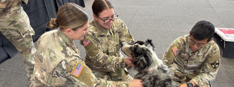 Cadets spend time with a visiting therapy dog.