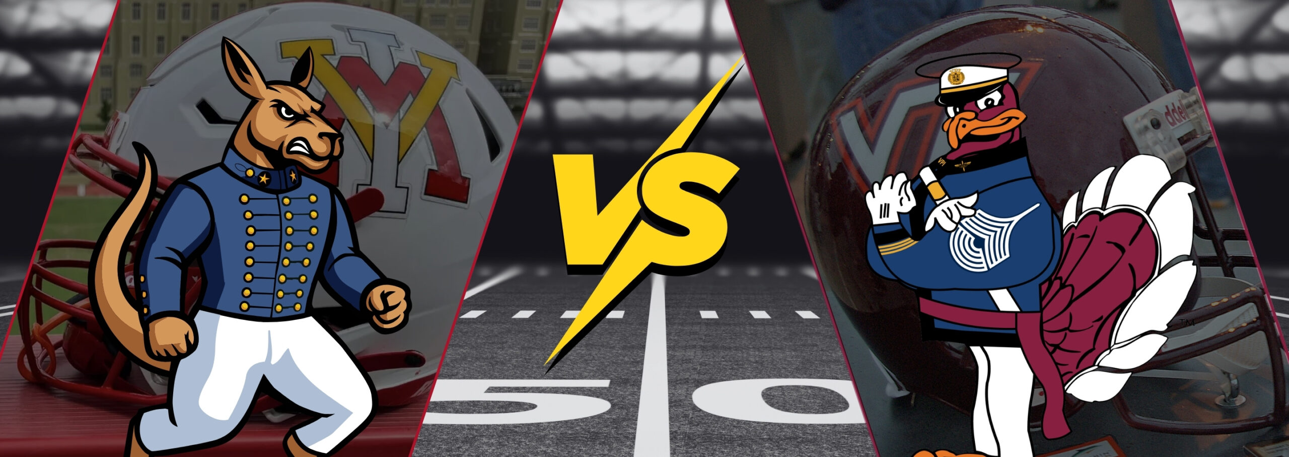 VMI vs Virginia Tech - Mascots face off, overlay on football helmets.