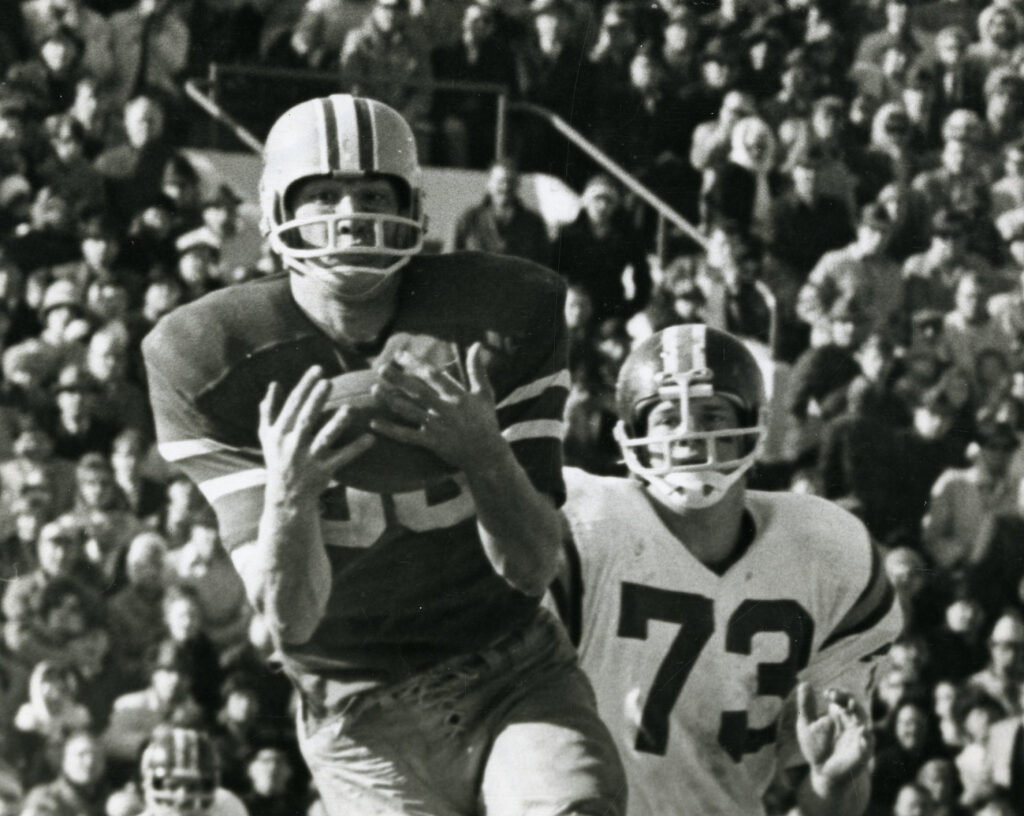 VMI vs VPI football game, Winning touchdown pass to John C. Hince (VMI Class of 1968) for VMI victory over Virginia Tech, 1967