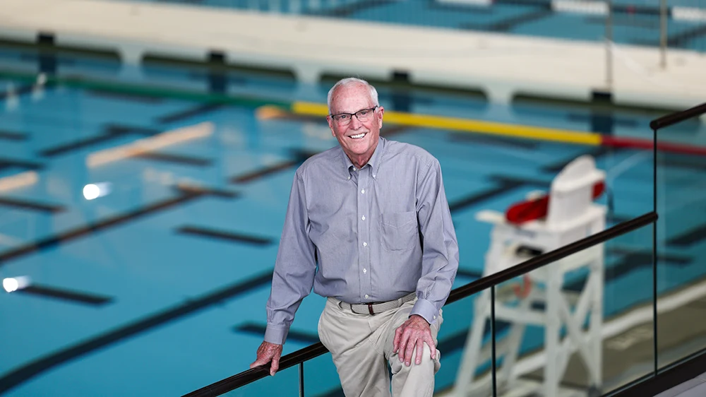 Richard “Dick” Goodall ’66 tours the VMI Aquatic Center in April 2026.—VMI Alumni Agencies Photo.