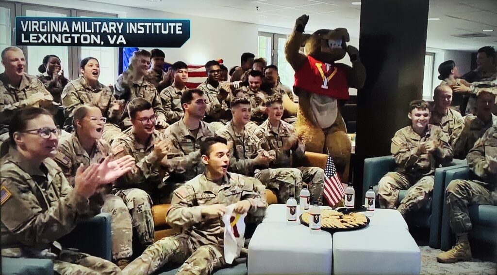 Cadets celebrate the Grand Prix in The Arsenal at VMI.