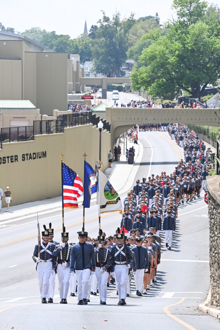 Regimental Commander Kimlong Nguyen ’27 leads a record number of rats from Cameron Hall to New Barracks.