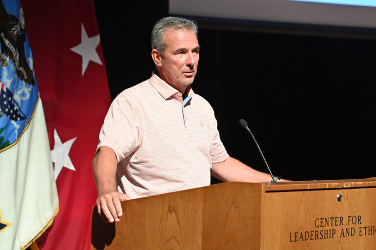 Urban Meyer closes the symposium in Gillis Theater with his keynote speech on establishing a winning culture.
