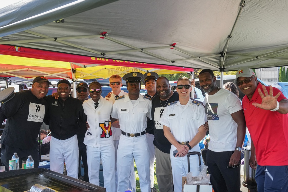 VMI cadets pose with family members during pre-game tailgating.