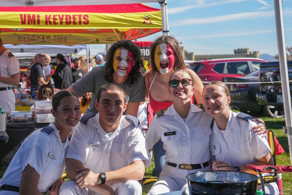 VMI cadets pose with family members during pre-game tailgating.