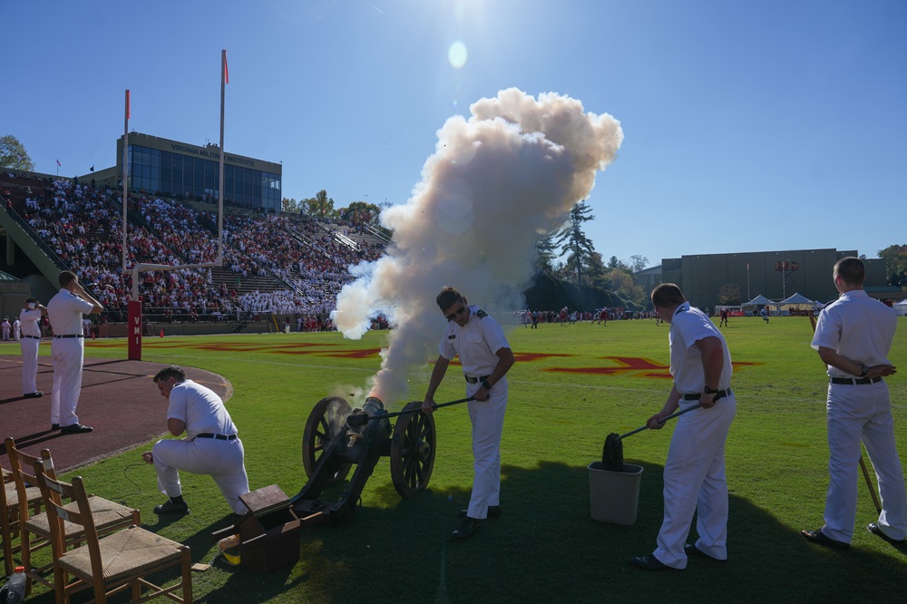 The Cadet Battery fires Little John to celebrate VMI scoring.