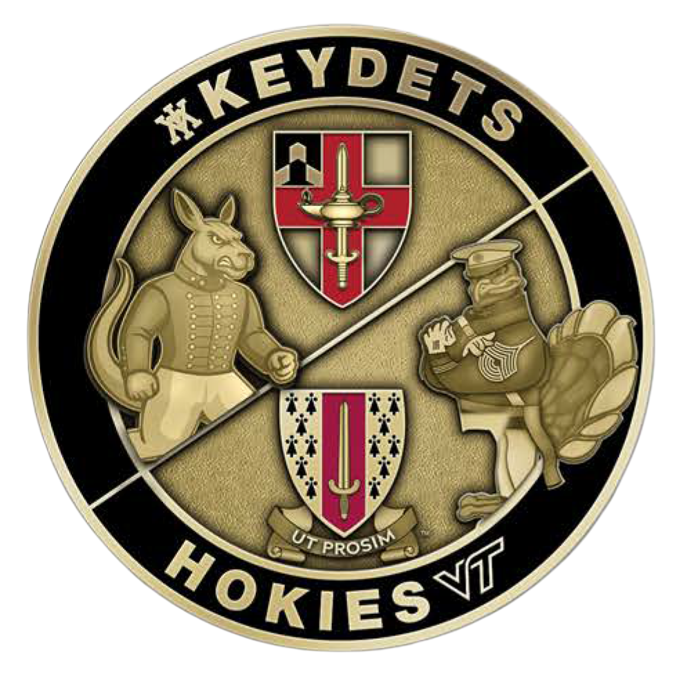 Coin with Keydets and Hokies written around the edge on black and both mascots and crests in the middle.