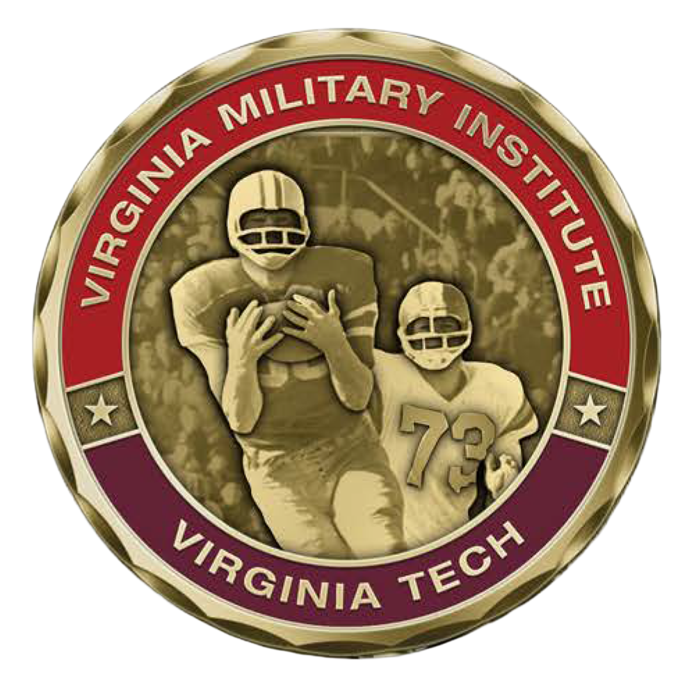 Coin showing football players and both school names: VMI over red, and Virginia Tech over maroon.
