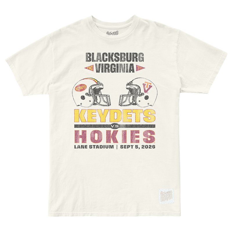 Shirt with text VMI vs VPI 9.5.26 Both school helmets are shown with text of Lane Stadium.