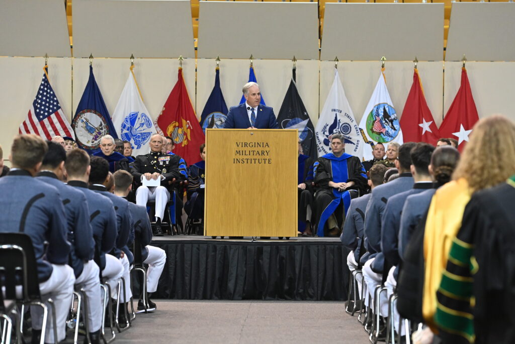 Dr. Douglas Bradburn addresses the Corps of Cadets at VMI’s convocation Sept. 2 in Cameron Hall.