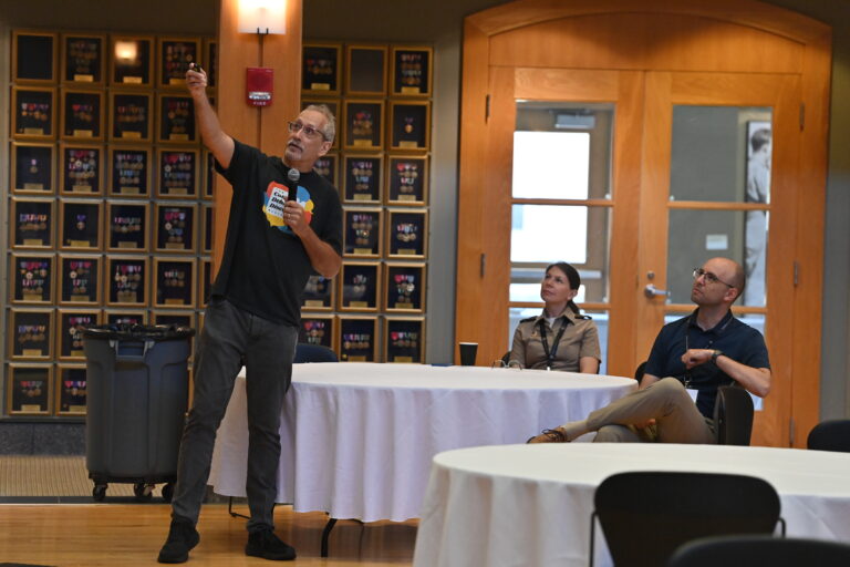 Doug Sprei leads discussion at the College Debates and Discourse Alliance workshop held Sept. 4 in Marshall Hall.
