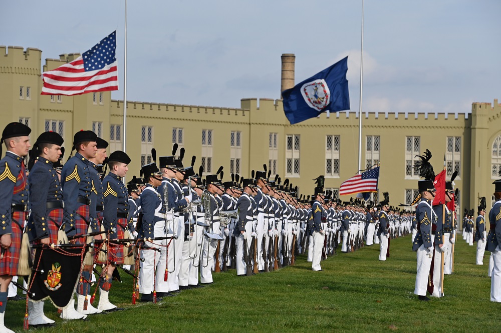 The VMI Corps of Cadets stands at attention during a parade on post - VMI's campus.